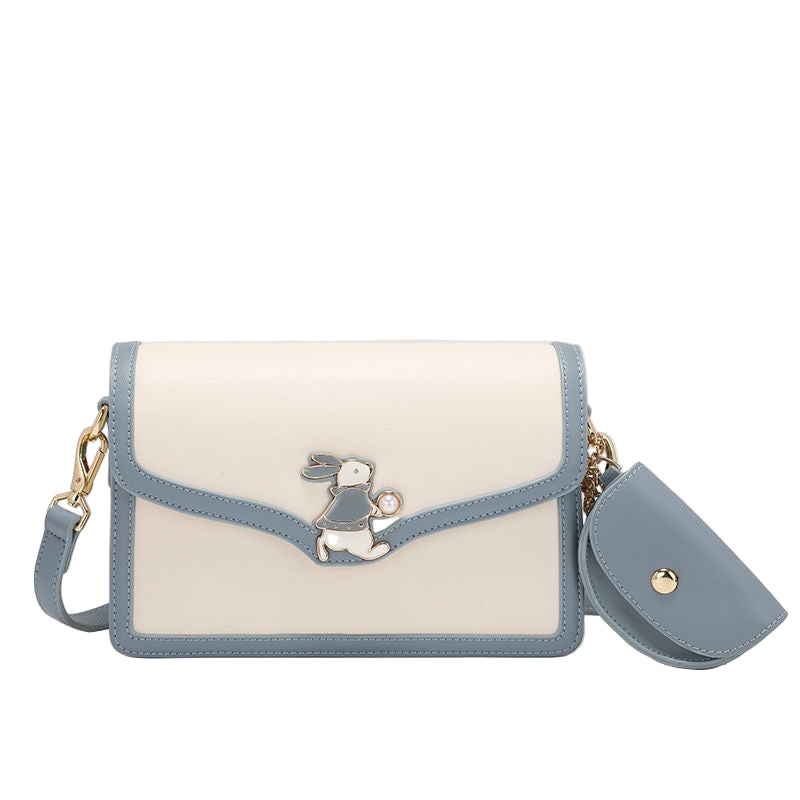 Women’s Genuine Leather Blue White Color Block Rabbit Small Square Bag