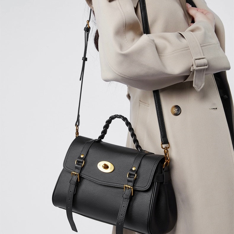 Classic Buckle-Detail Leather Satchel with Braided Handle