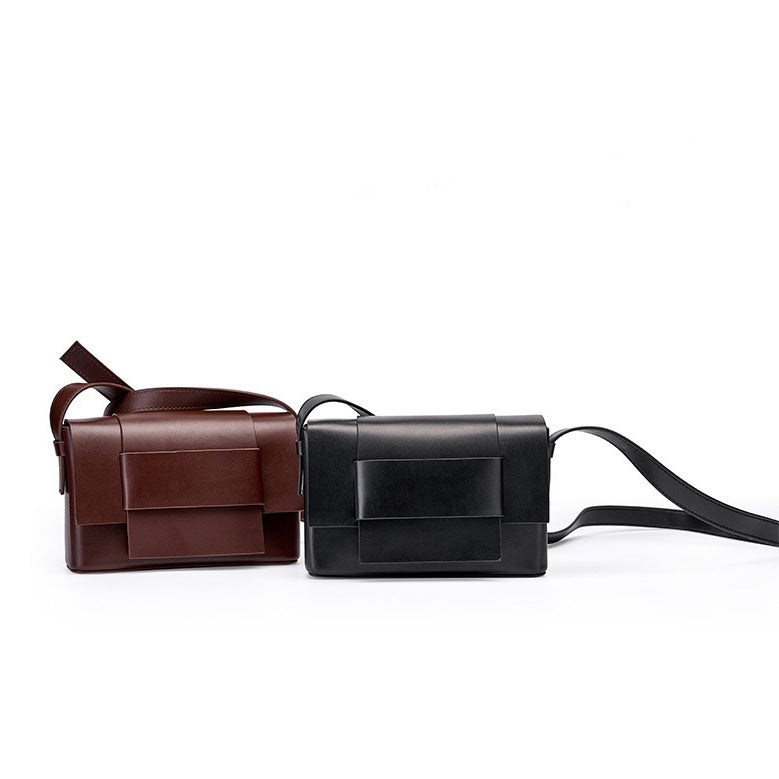 Women’s Genuine Leather Woven Box Crossbody Shoulder Bag in Minimalist Style