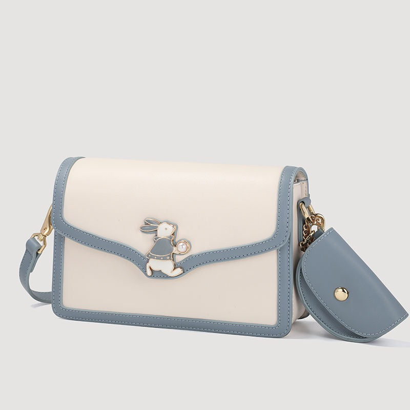 Women’s Genuine Leather Blue White Color Block Rabbit Small Square Bag