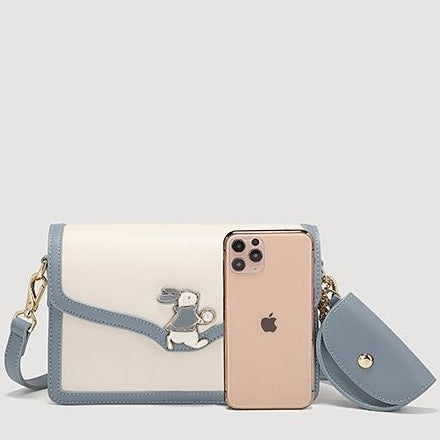 Women’s Genuine Leather Blue White Color Block Rabbit Small Square Bag