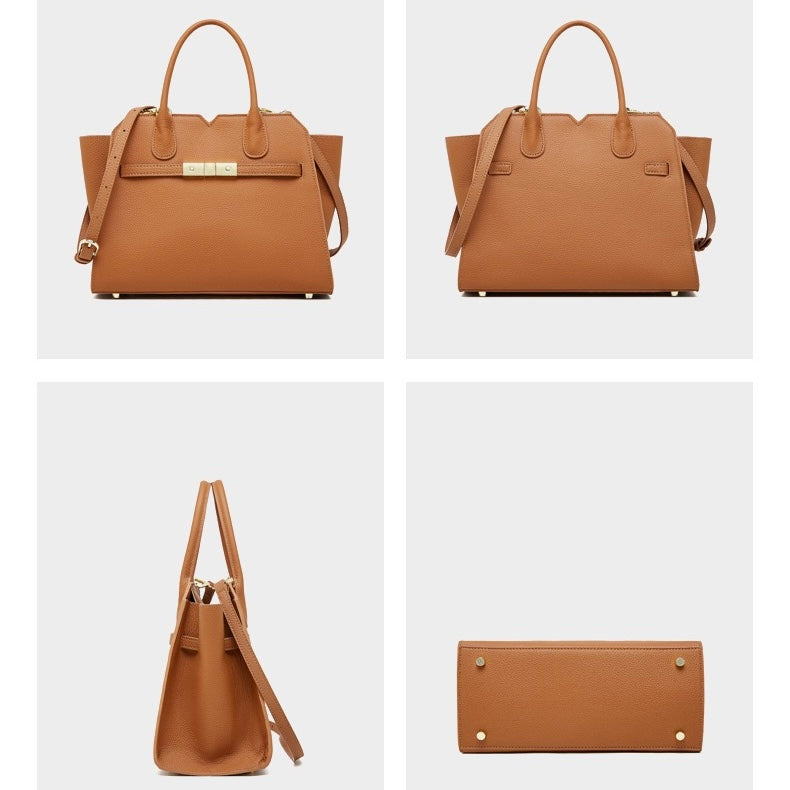 Classic Structured Leather Tote Bag with Gold Hardware