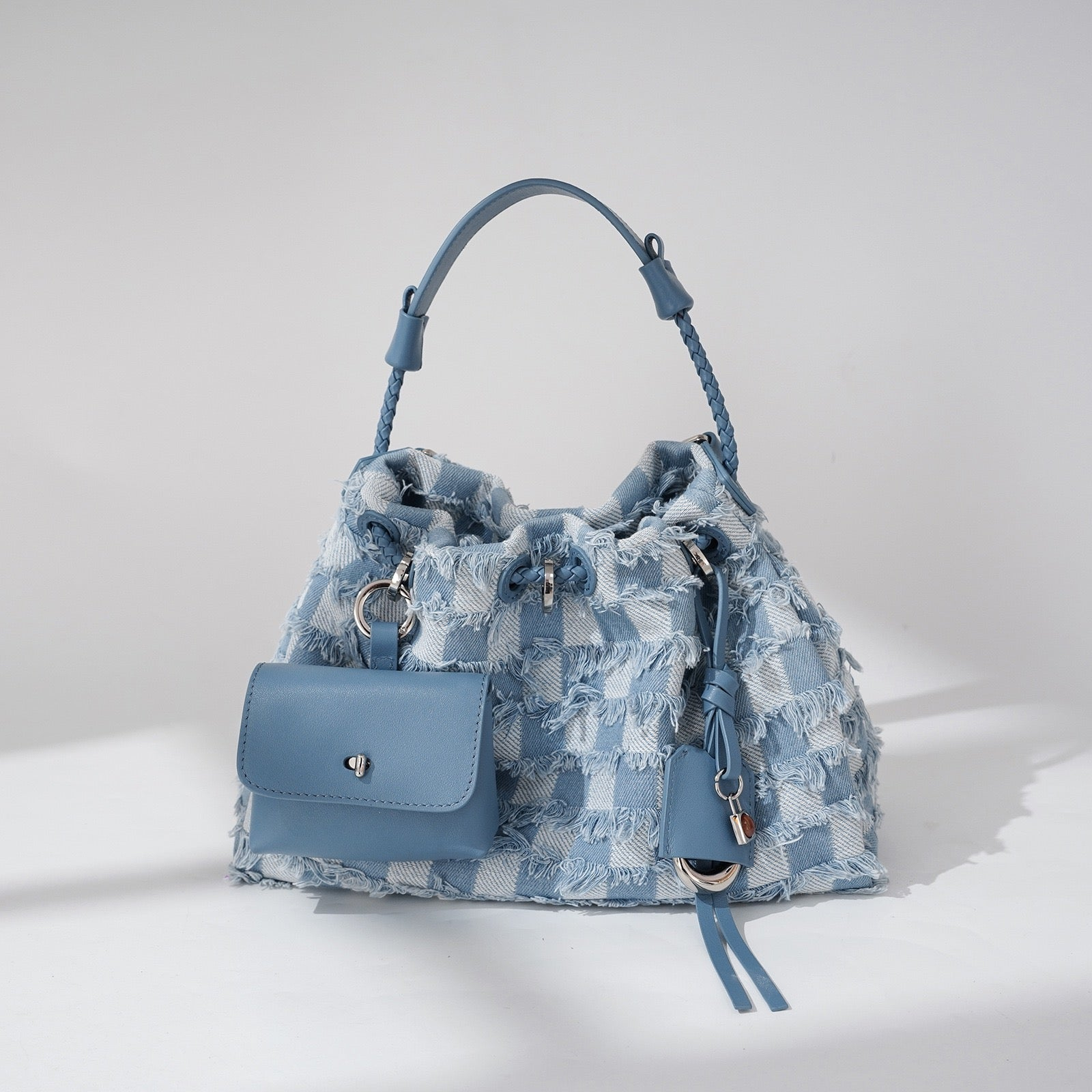 Women’s Genuine Leather & Denim Colorblock Crossbody Shoulder Bag