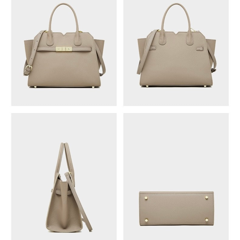 Classic Structured Leather Tote Bag with Gold Hardware