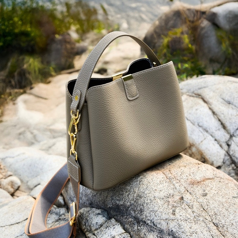 Classic Gold-Trimmed Genuine Leather Bucket Handbag