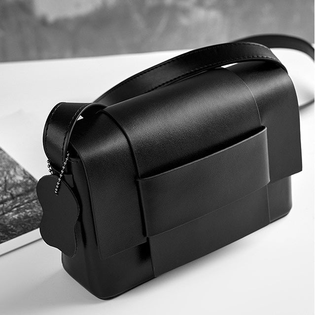 Women’s Genuine Leather Woven Box Crossbody Shoulder Bag in Minimalist Style