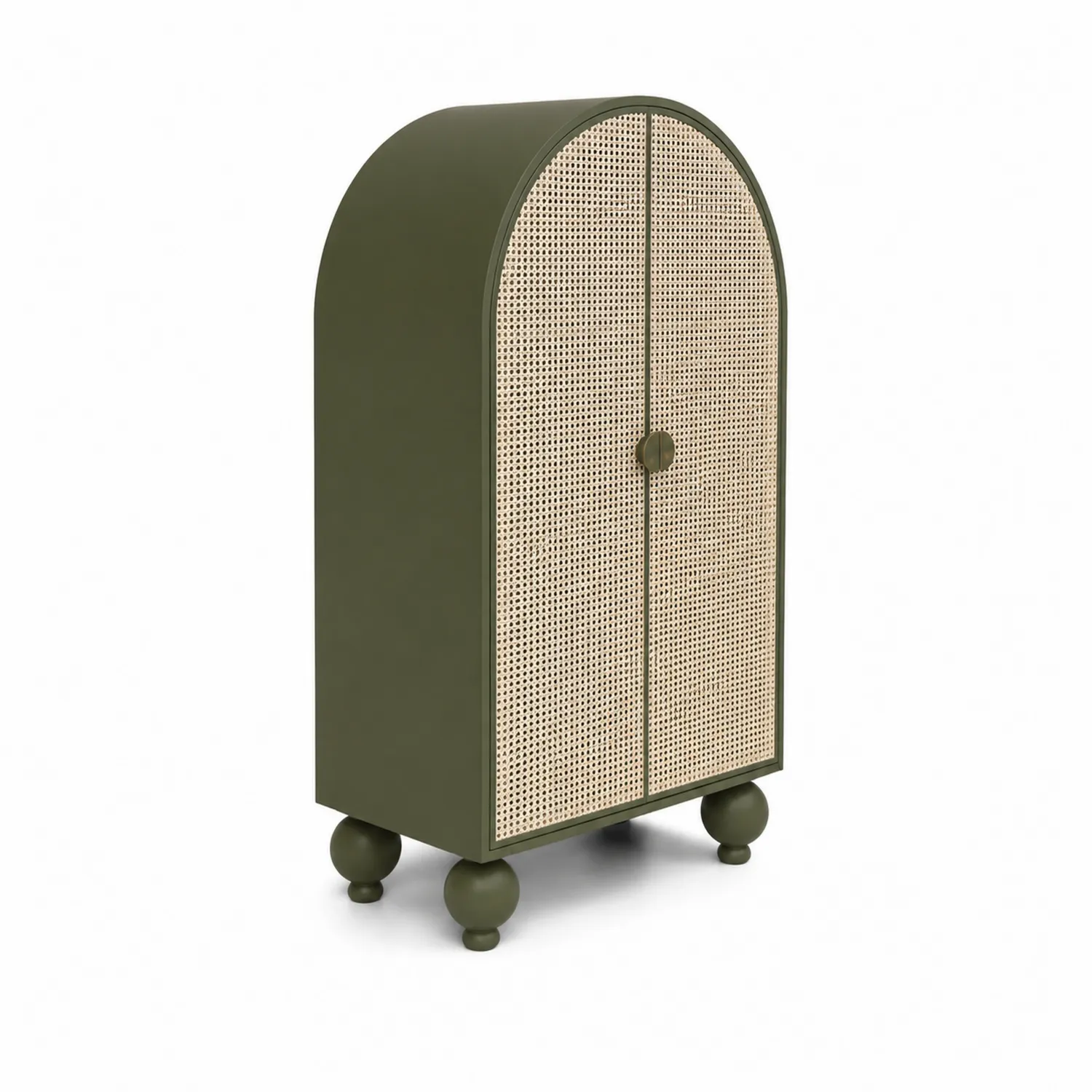 Credenza in Legno con Ante in Rattan Verde Oliva