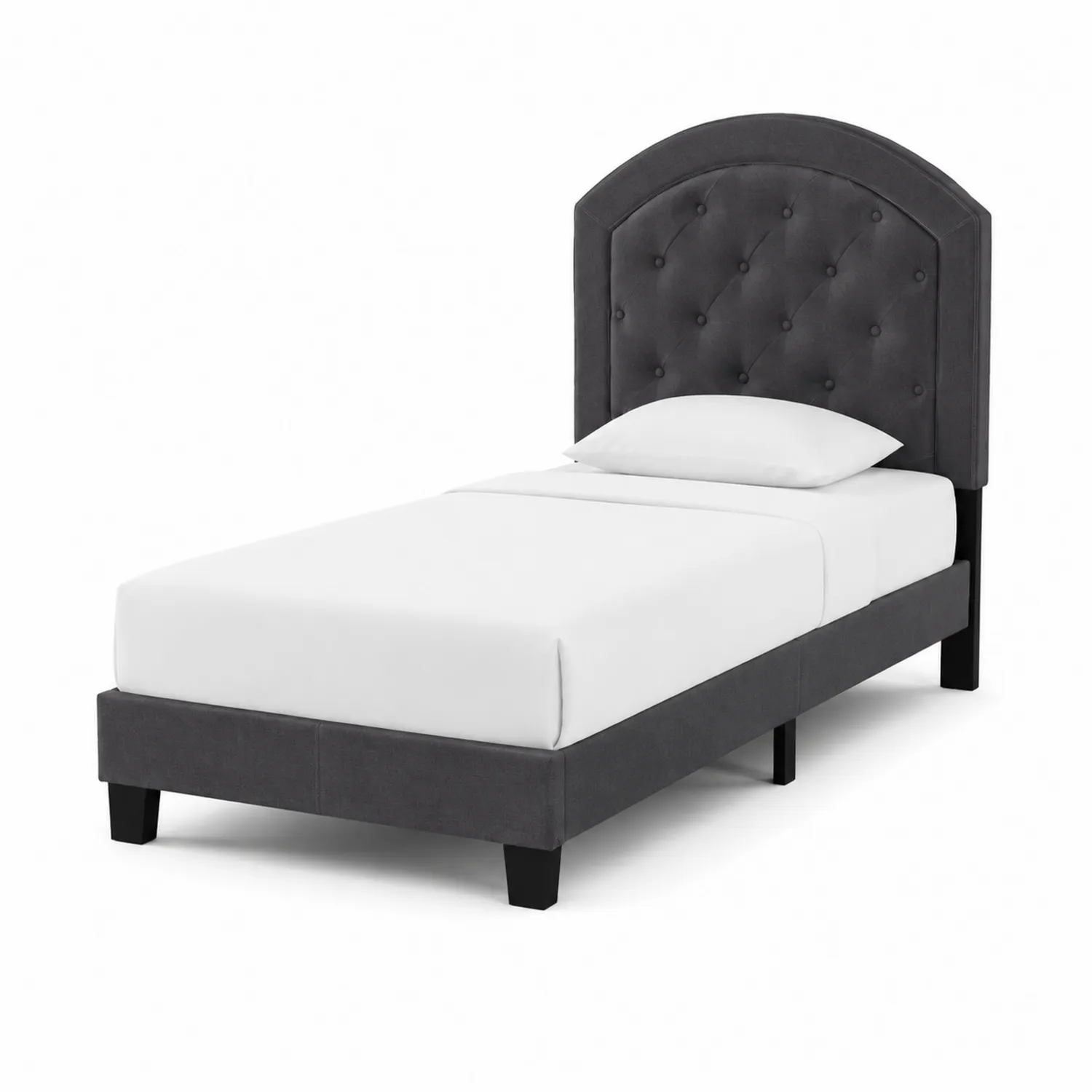 Letto singolo con testiera arcuata in tessuto grigio