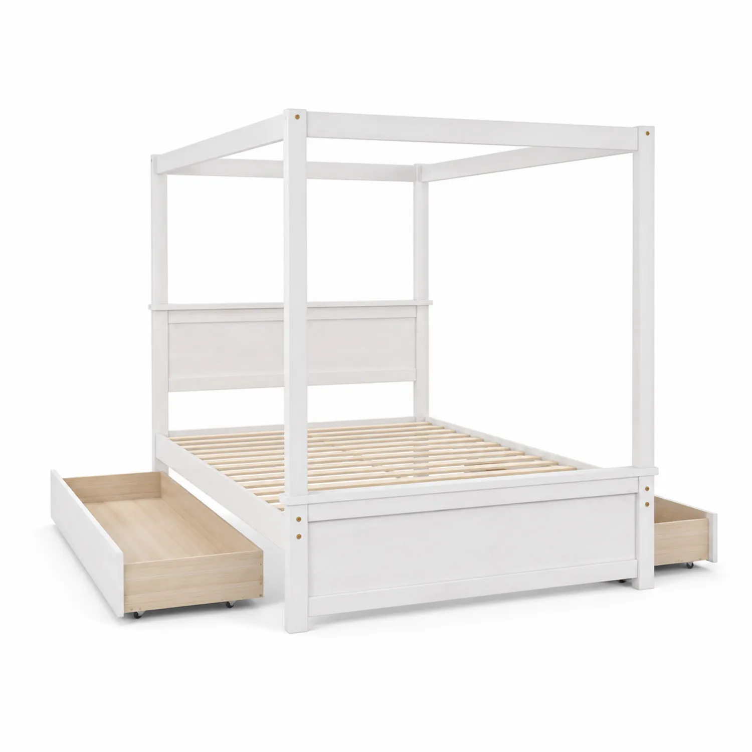 Letto a baldacchino con cassetti in legno di pino bianco 200x160 cm