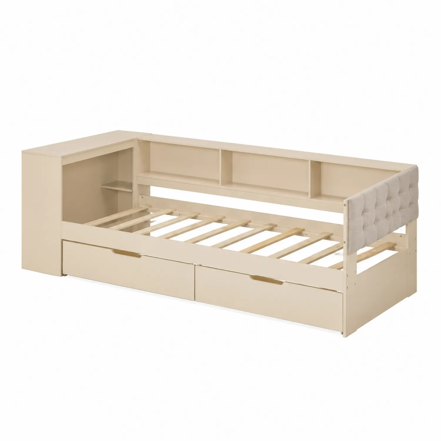 Daybed Legno Beige con Libreria e Cassetti 200x90 cm
