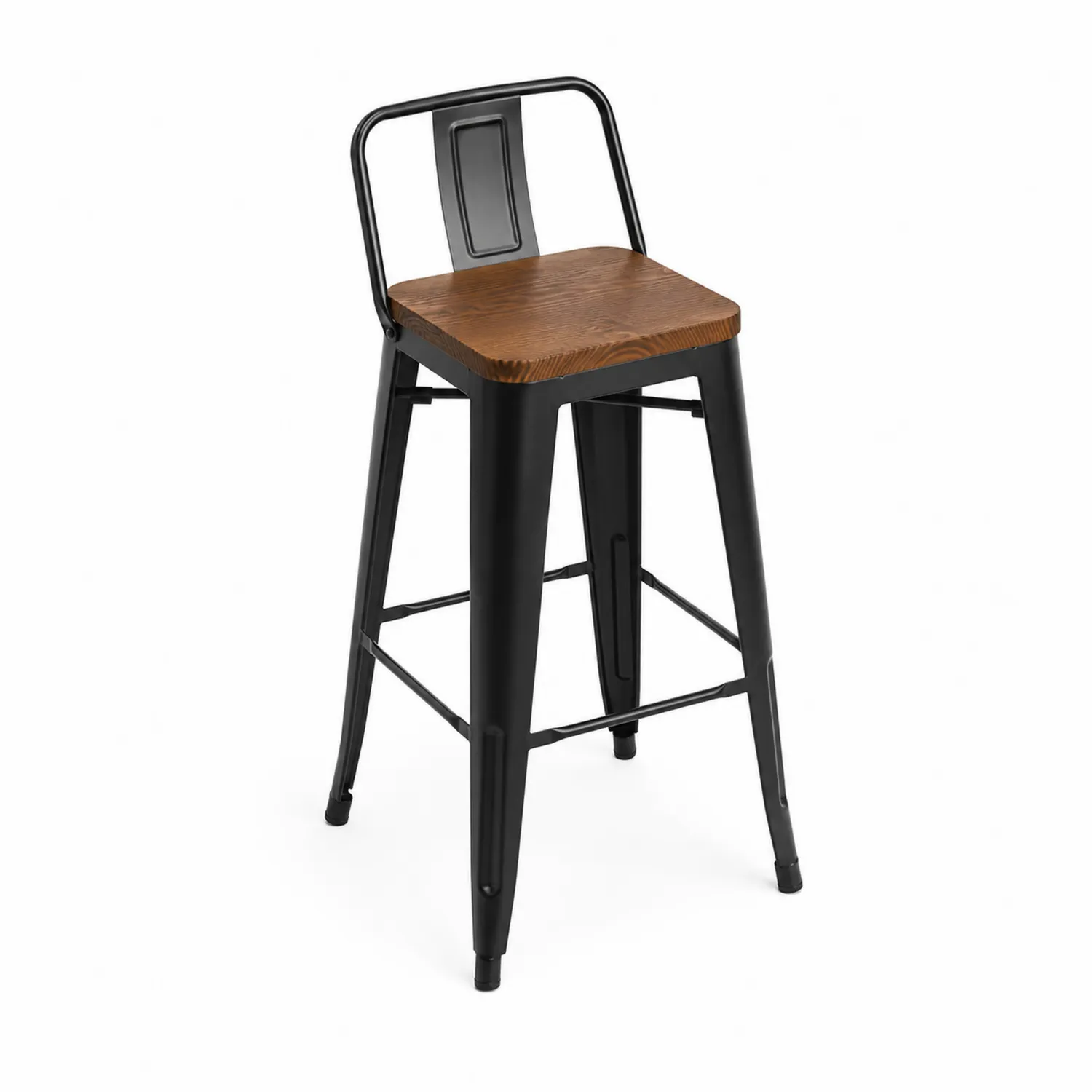 Sgabello da bar in metallo nero e legno con schienale, 76 cm