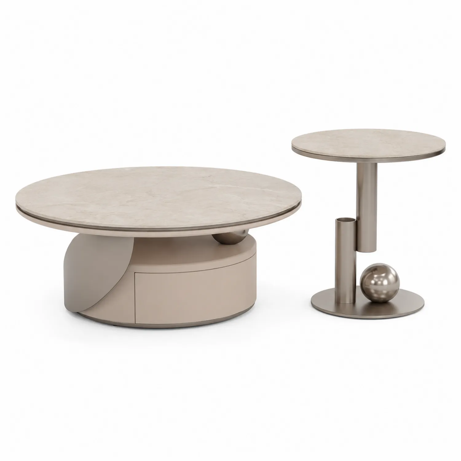 Set Tavolini da caffè rotondi in marmo e metallo beige