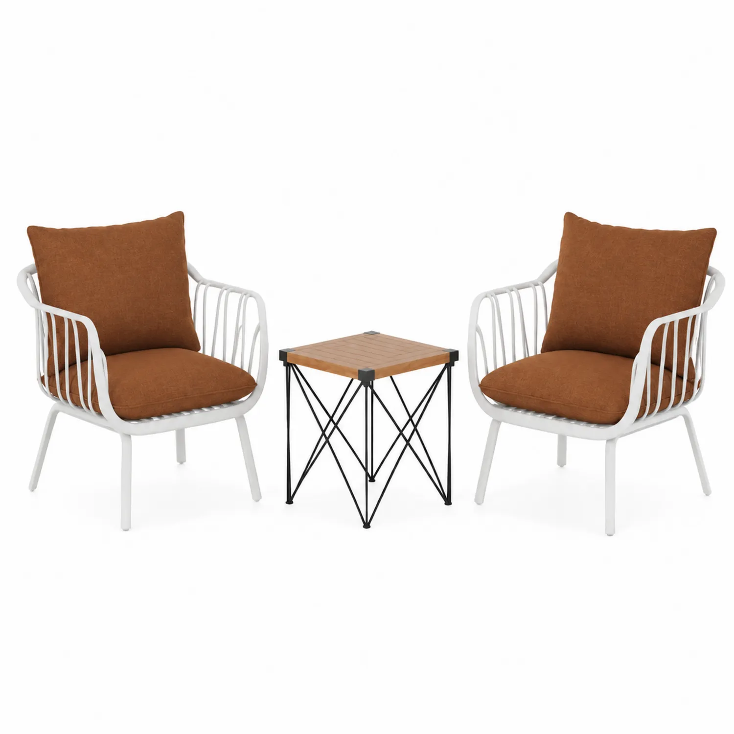 Set di 2 Poltrone da Esterno con Tavolino in Metallo e Legno