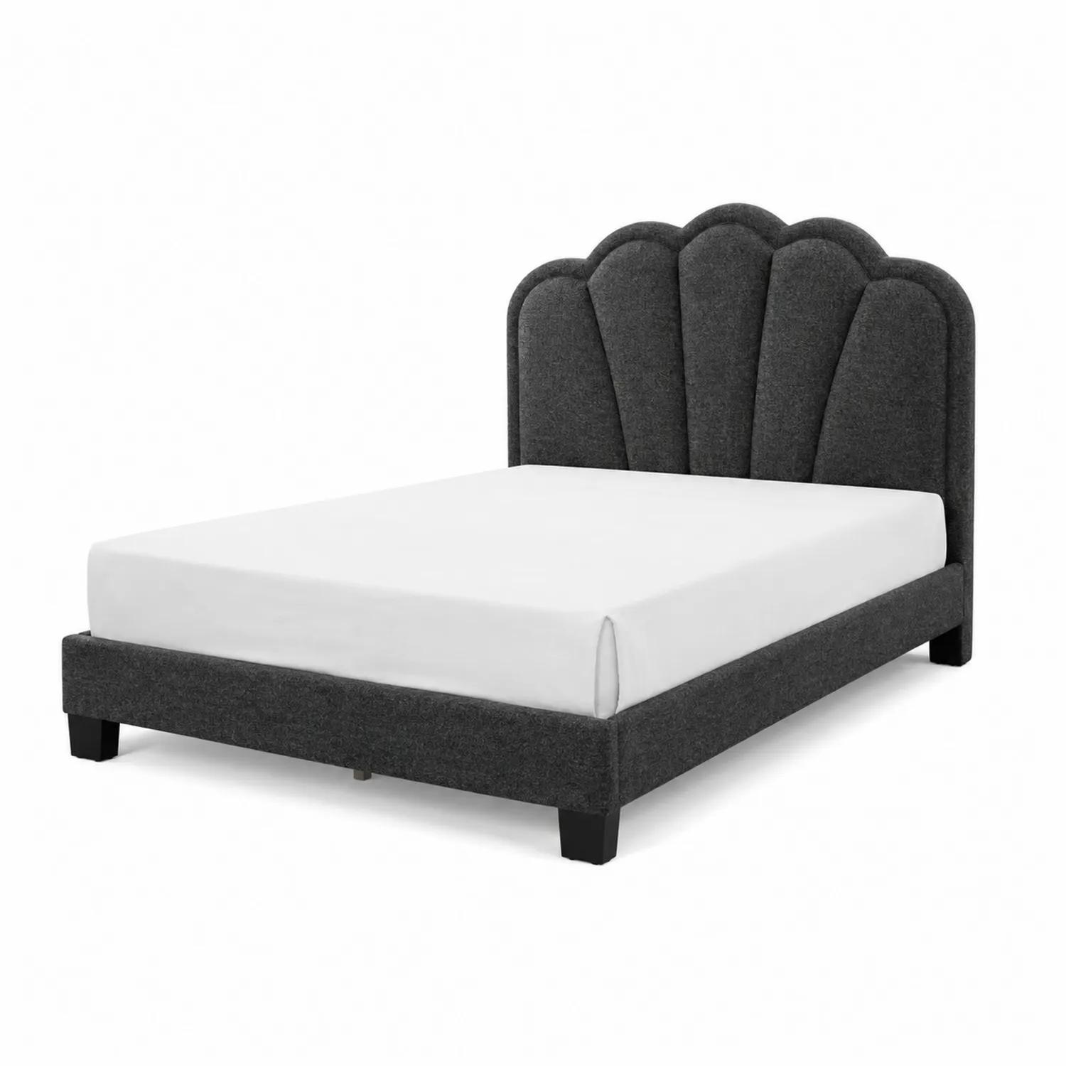 Letto matrimoniale in tessuto grigio scuro con testiera a conchiglia