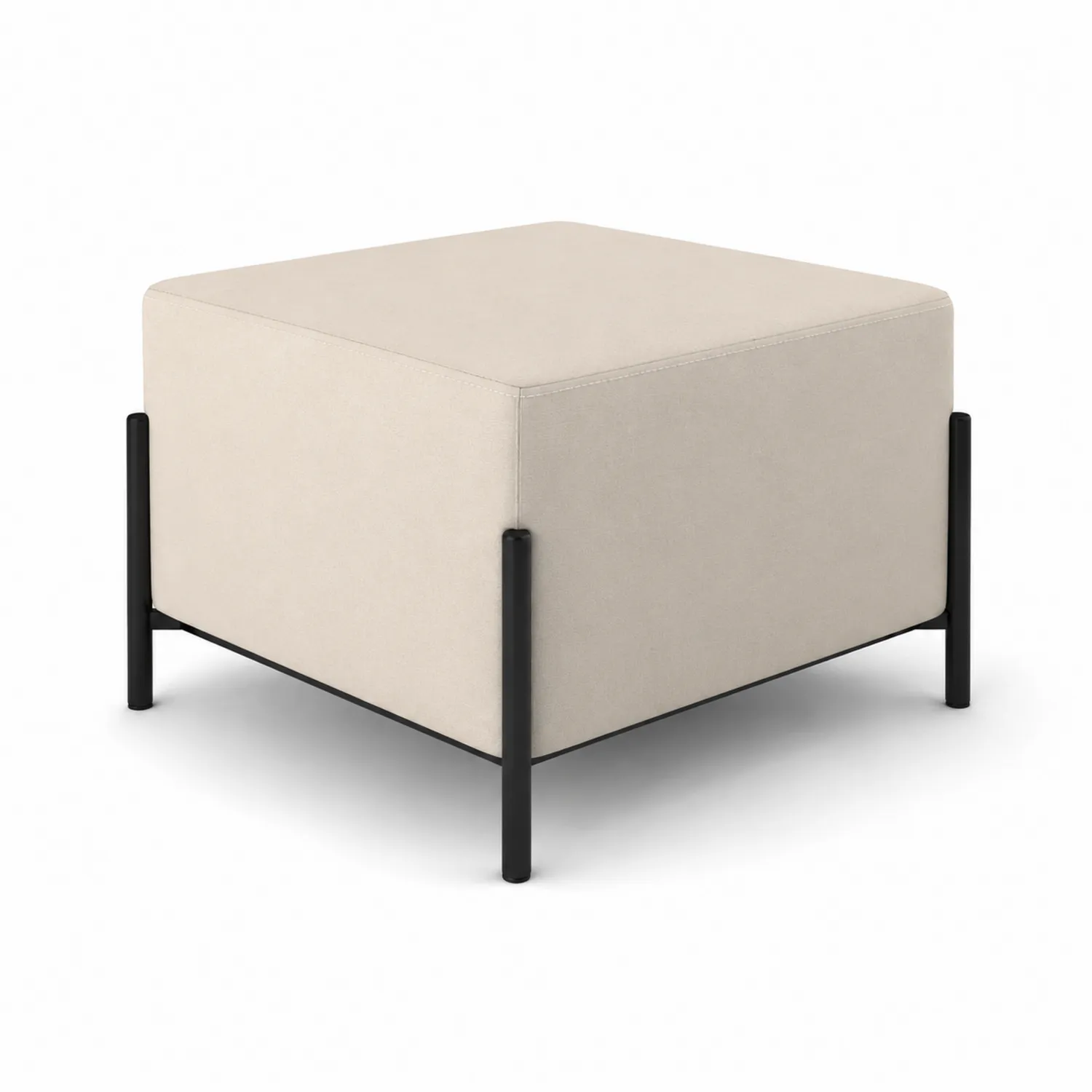 Pouf quadrato in tessuto beige con struttura in metallo