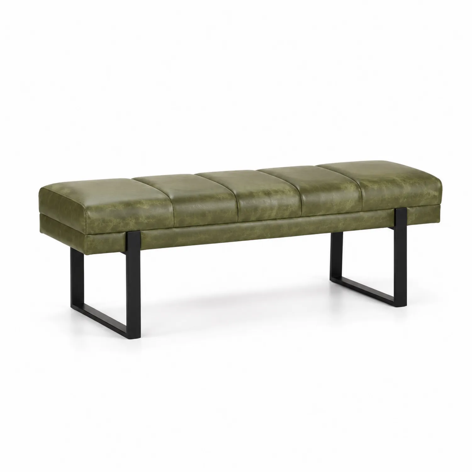 Panca in pelle sintetica verde con struttura in metallo, 120x40x45 cm