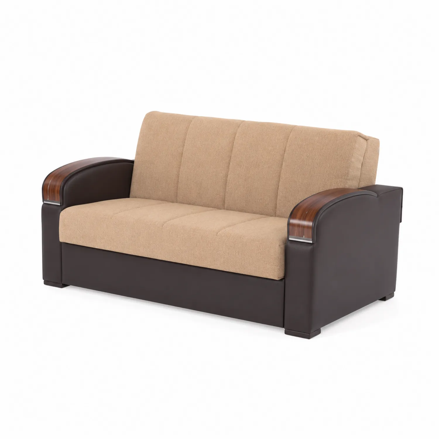 Divano a 2 posti in tessuto beige e similpelle marrone