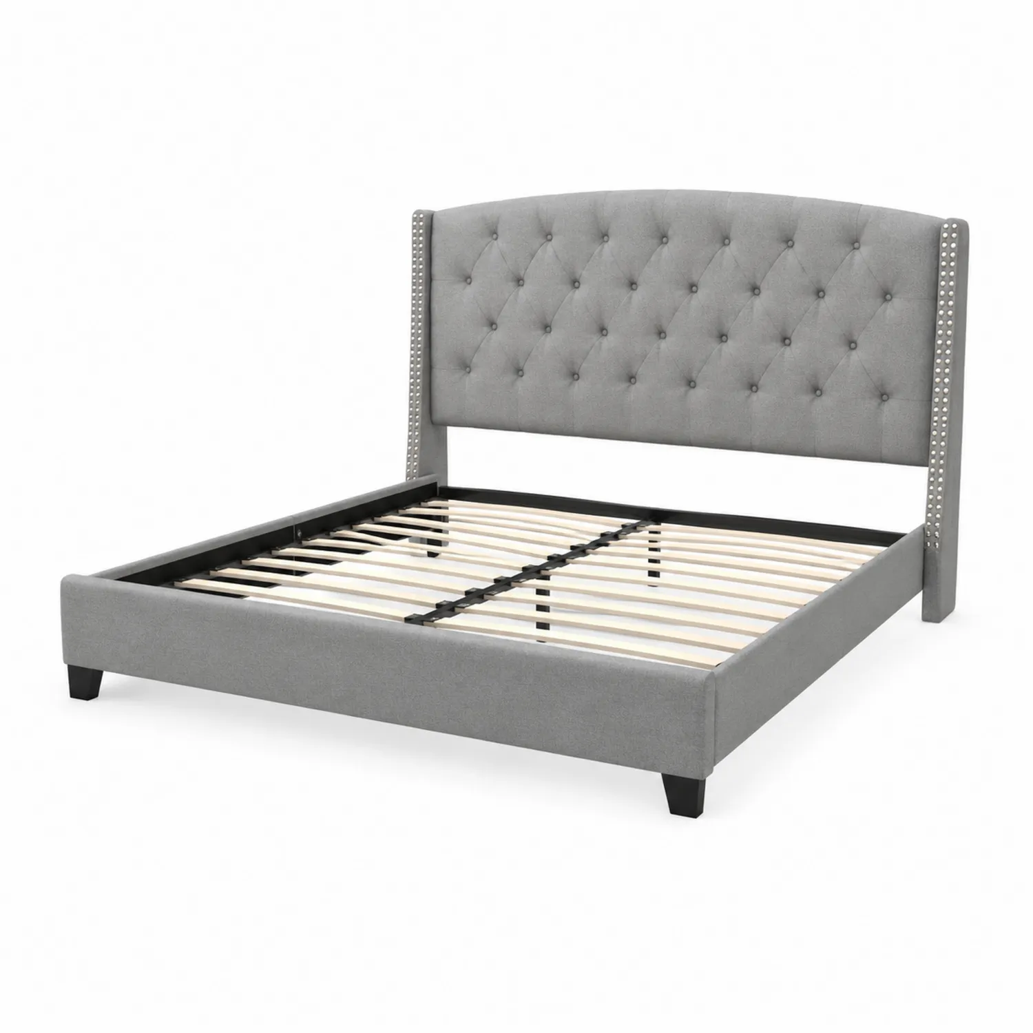 Letto matrimoniale grigio in tessuto con struttura in legno