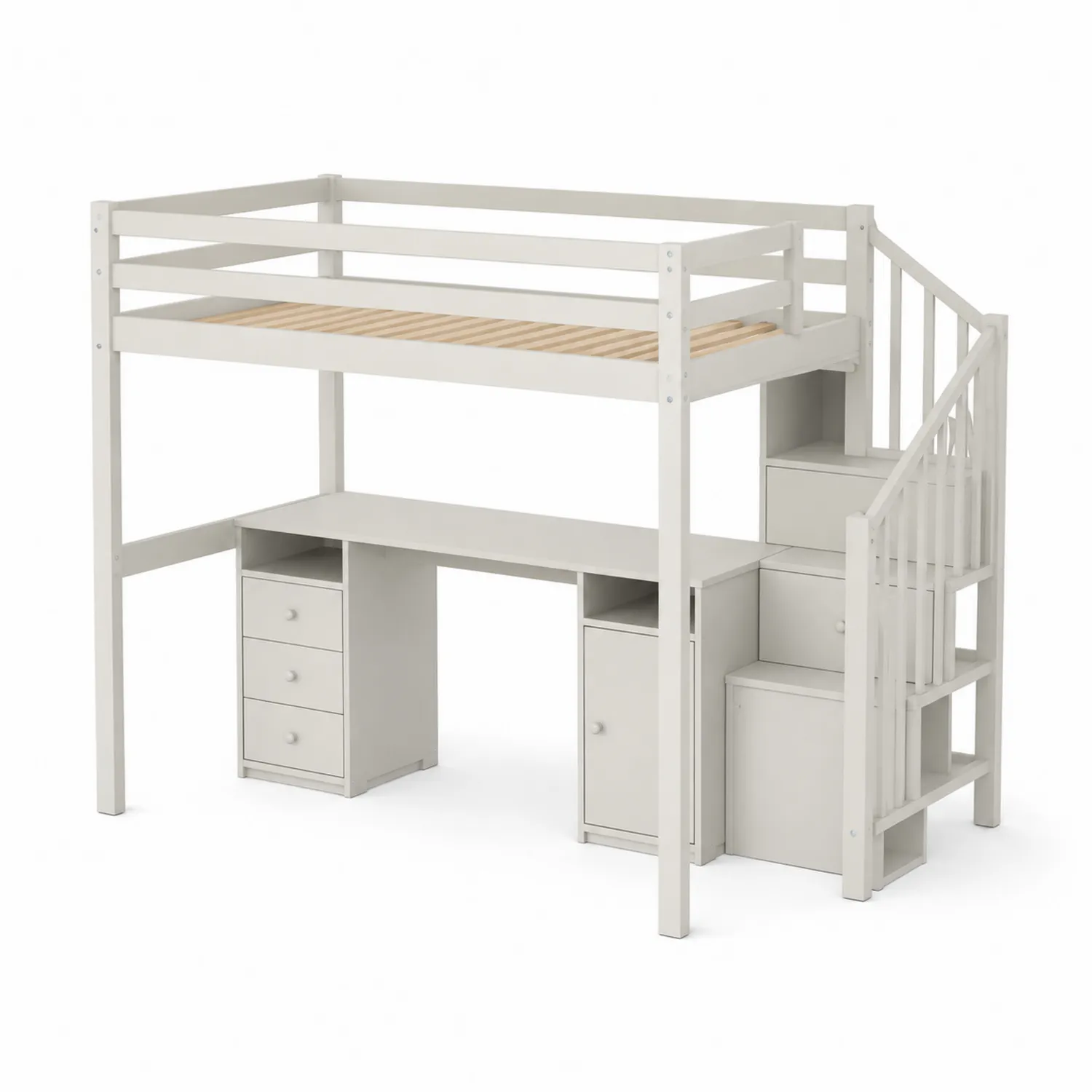 Letto a soppalco con scrivania integrata e armadietti in legno bianco