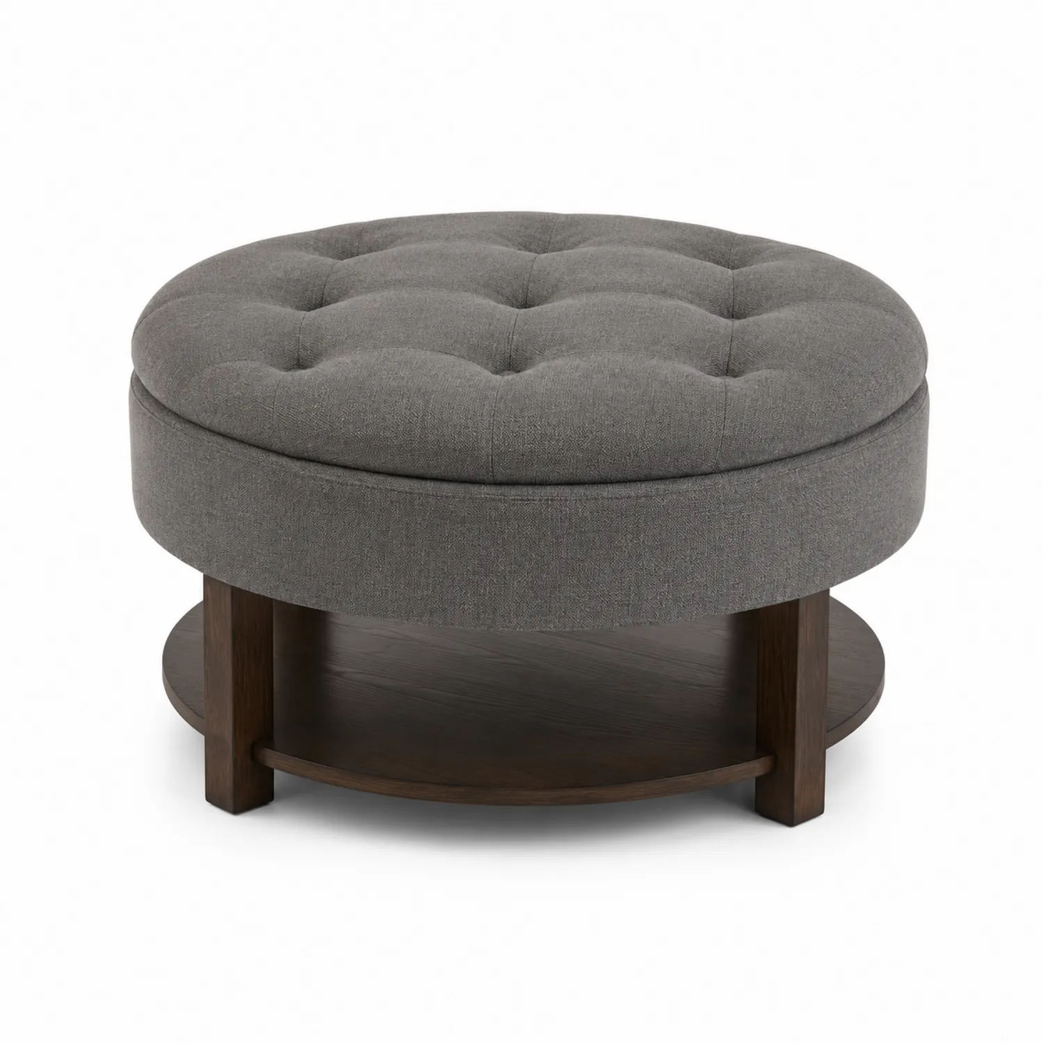 Pouf rotondo in tessuto grigio con base in legno