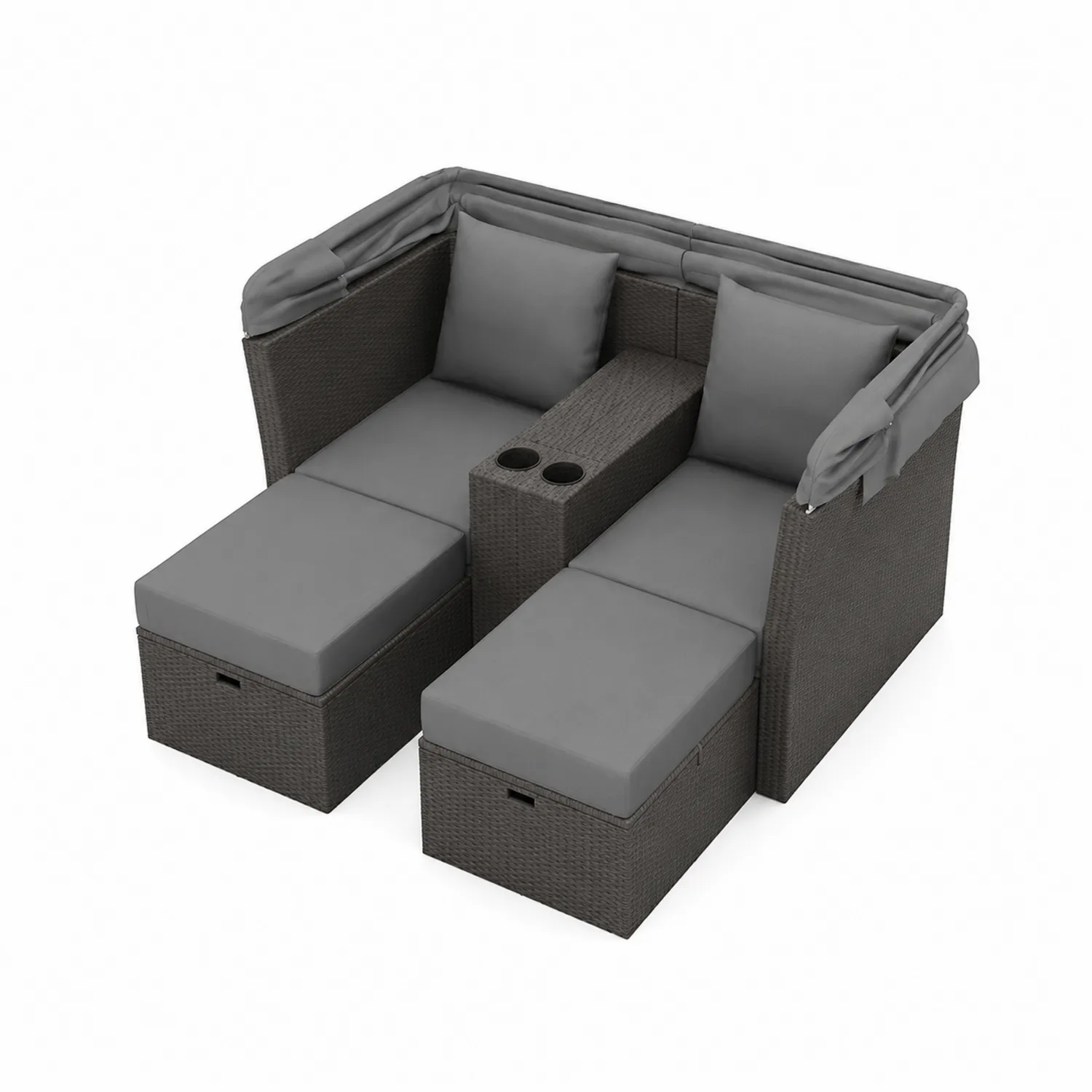 Divano Modulabile in Rattan con Cuscini in Poliestere Grigi