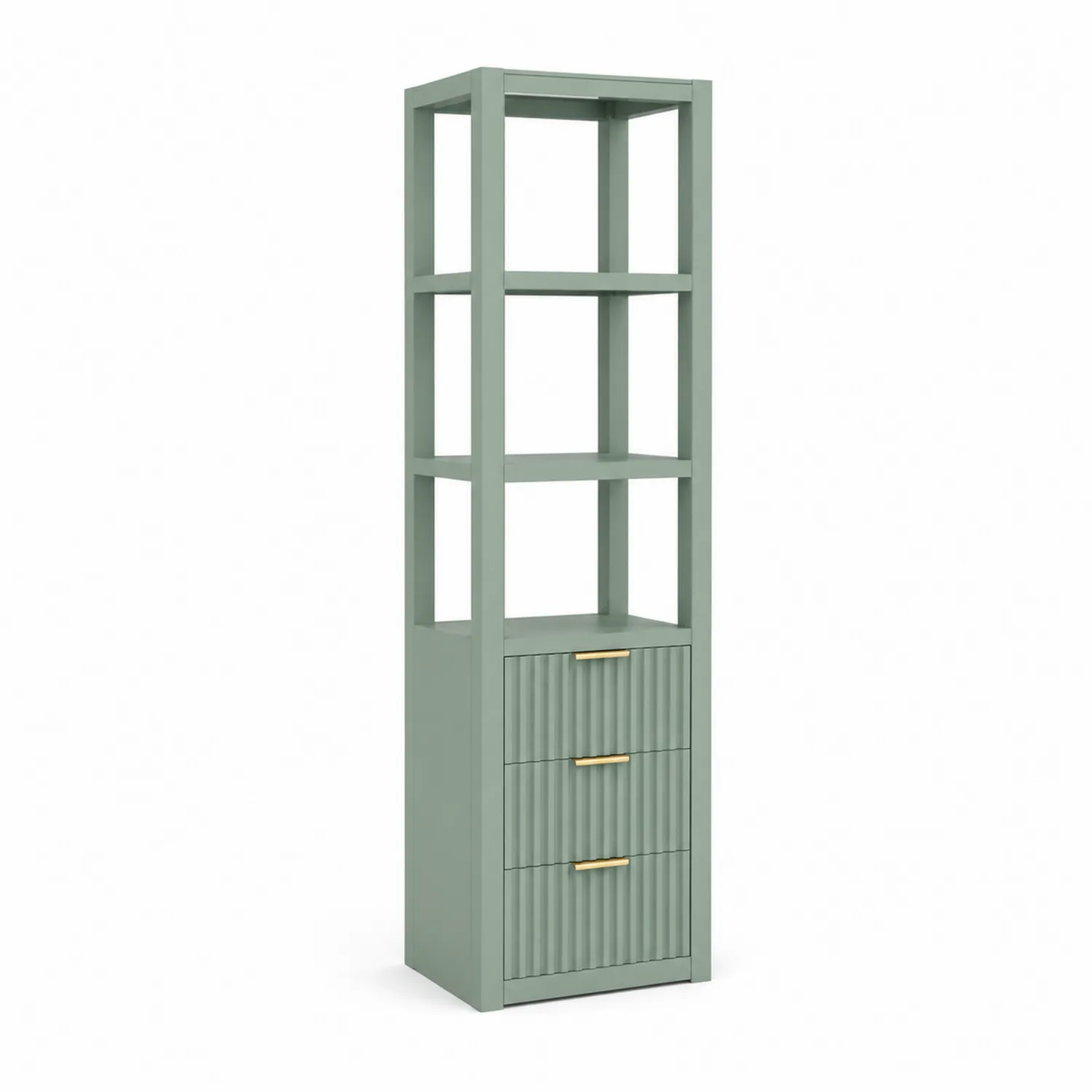 Libreria in legno massello verde con cassetti e scaffali aperti