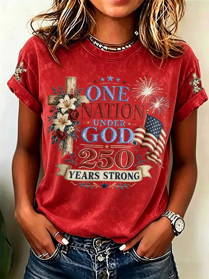 Women's "One Nation Under God 250 Years Strong" Patriotic Cross & Flag Print Short-Sleeve T-Shirt