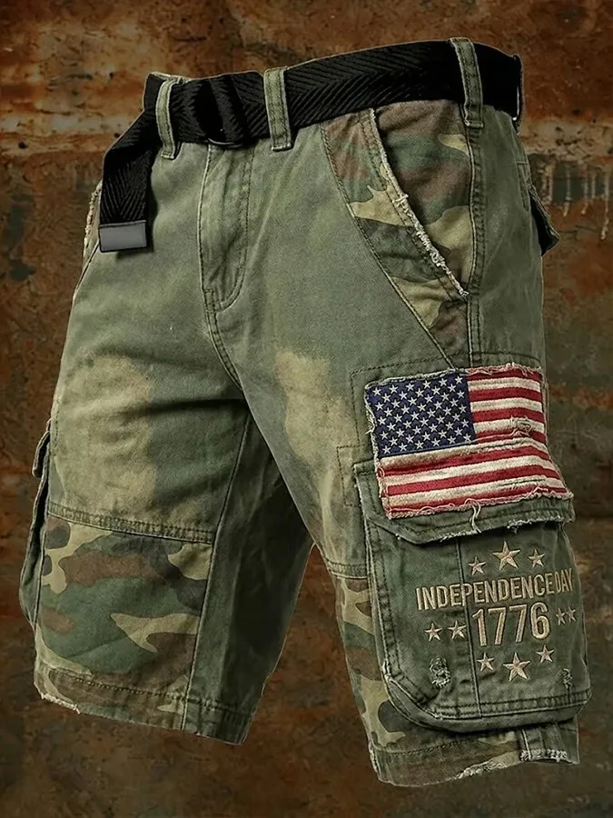 Camouflage Cargo Shorts with American Flag Patch and 1776 Independence Print