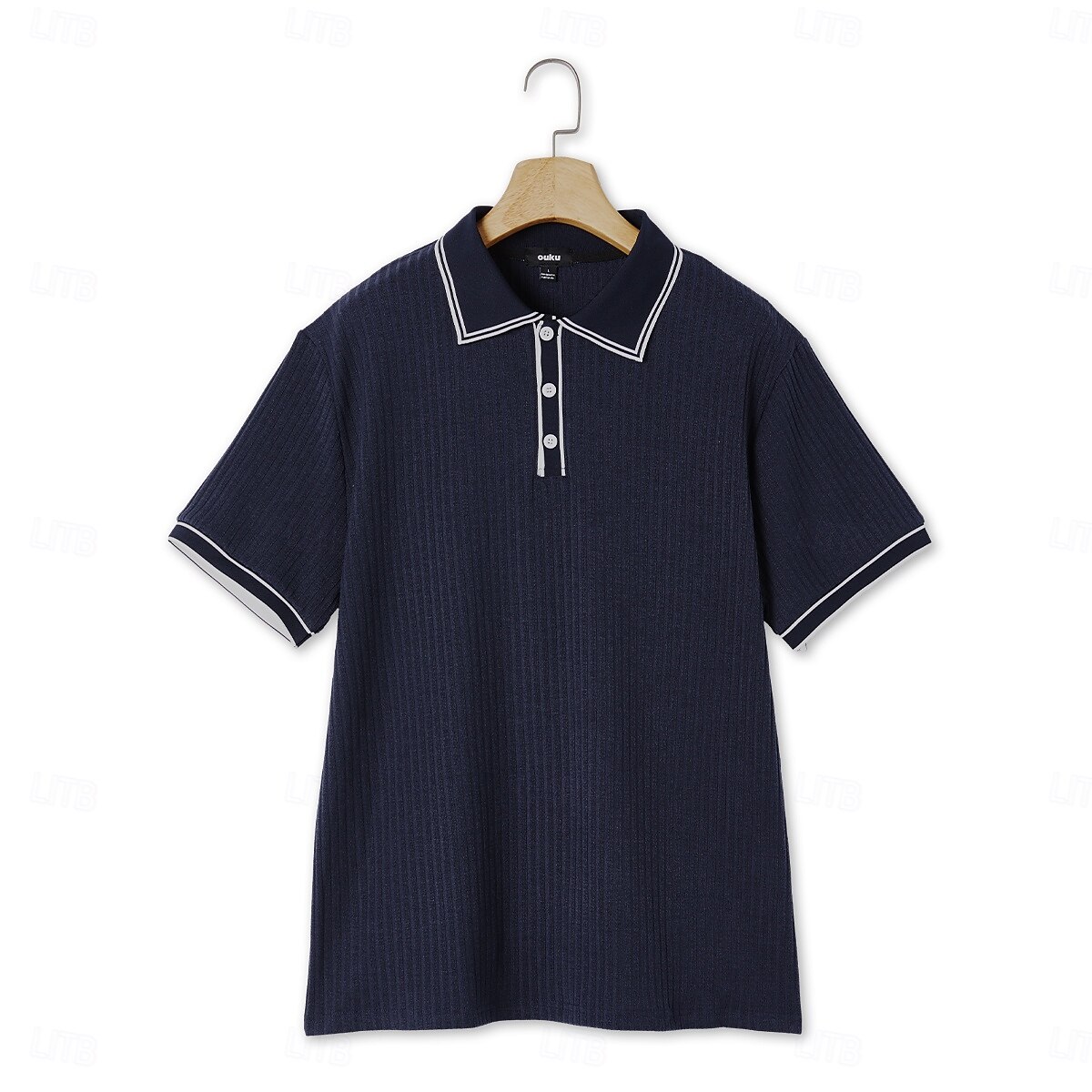 Men's Sky Blue Ribbed Knit Polo Shirt - Slim Fit Short Sleeve, Contrast Trim, Breathable Summer Casual Golf & Beach Top