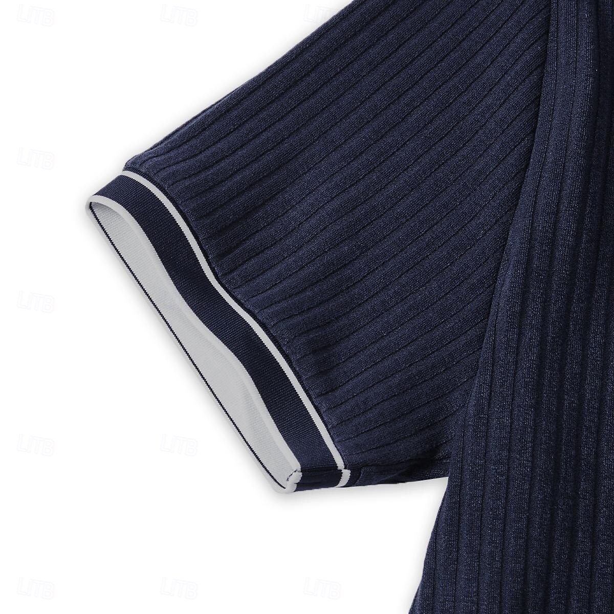 Men's Sky Blue Ribbed Knit Polo Shirt - Slim Fit Short Sleeve, Contrast Trim, Breathable Summer Casual Golf & Beach Top