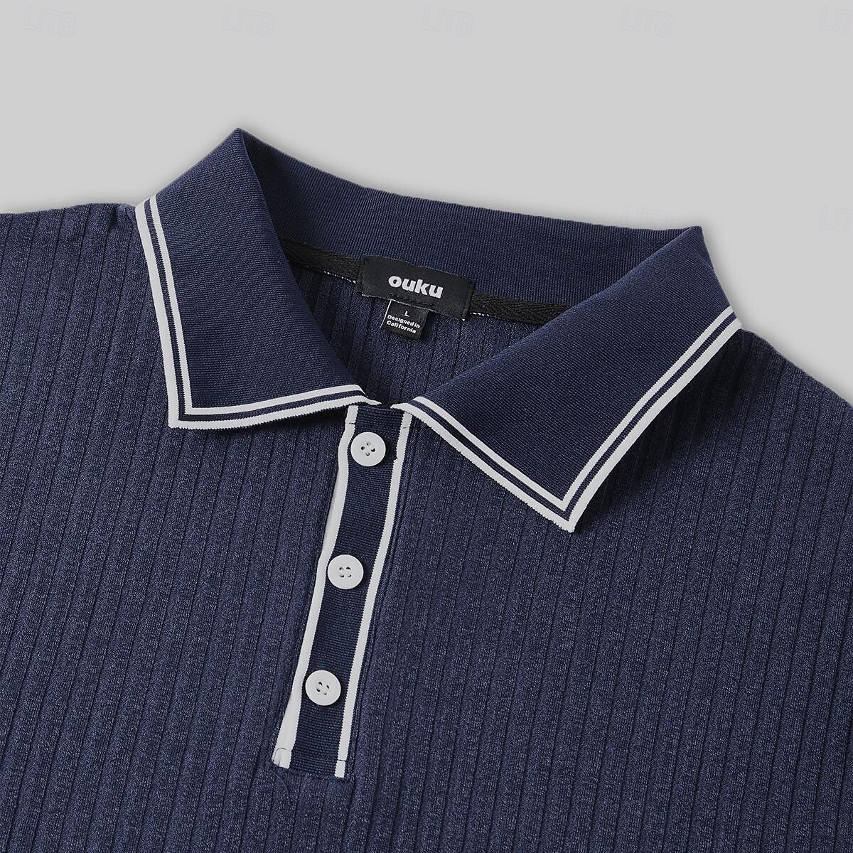 Men's Sky Blue Ribbed Knit Polo Shirt - Slim Fit Short Sleeve, Contrast Trim, Breathable Summer Casual Golf & Beach Top