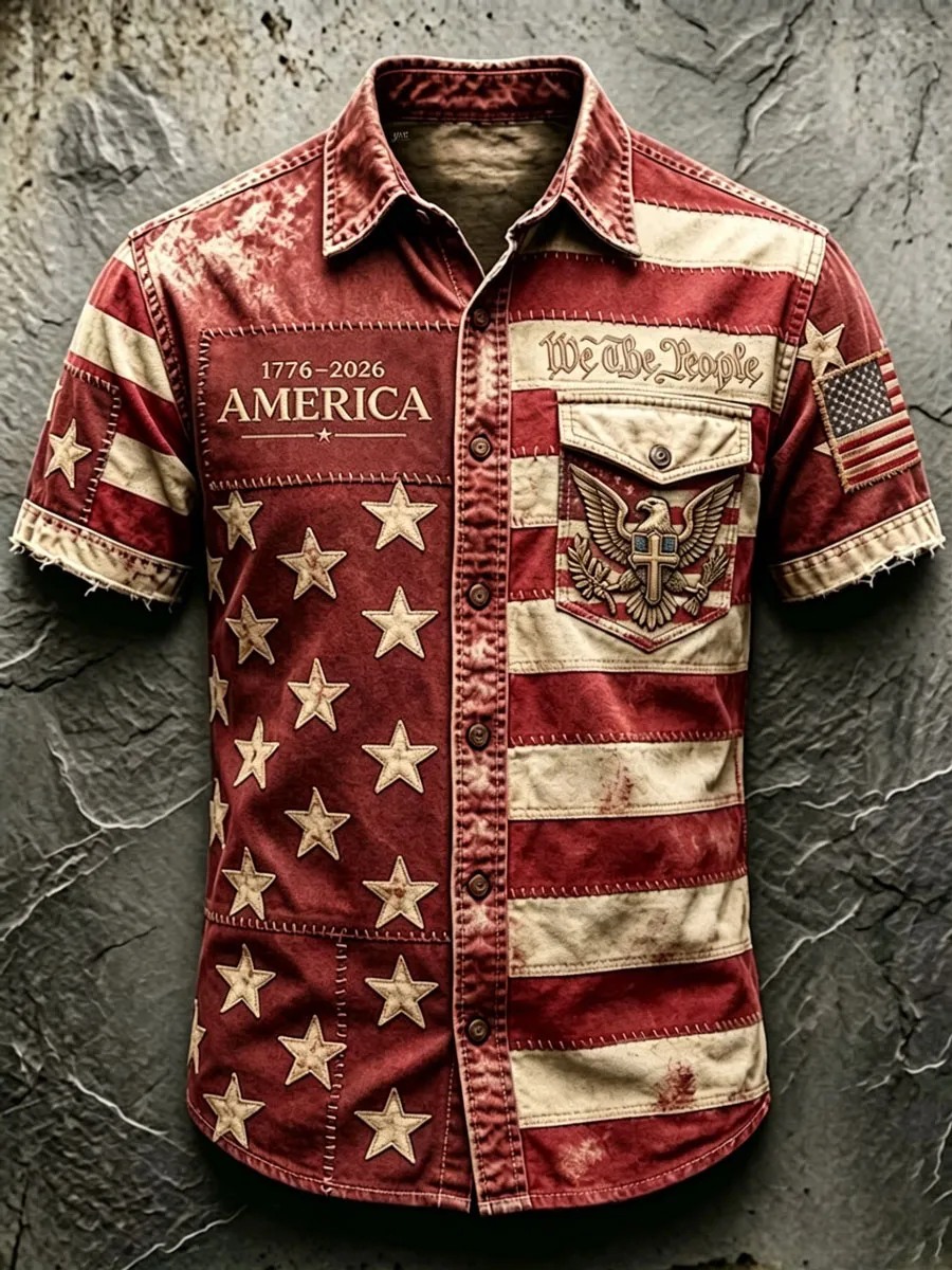 Men's USA 250th Anniversary "We The People" Vintage Flag Patchwork Short-Sleeve Button-Down Shirt - 1776-2026 Eagle Print