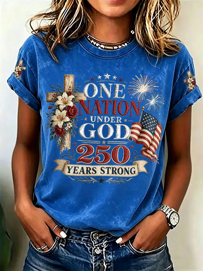 Women's "One Nation Under God 250 Years Strong" Patriotic Cross & Flag Print Short-Sleeve T-Shirt