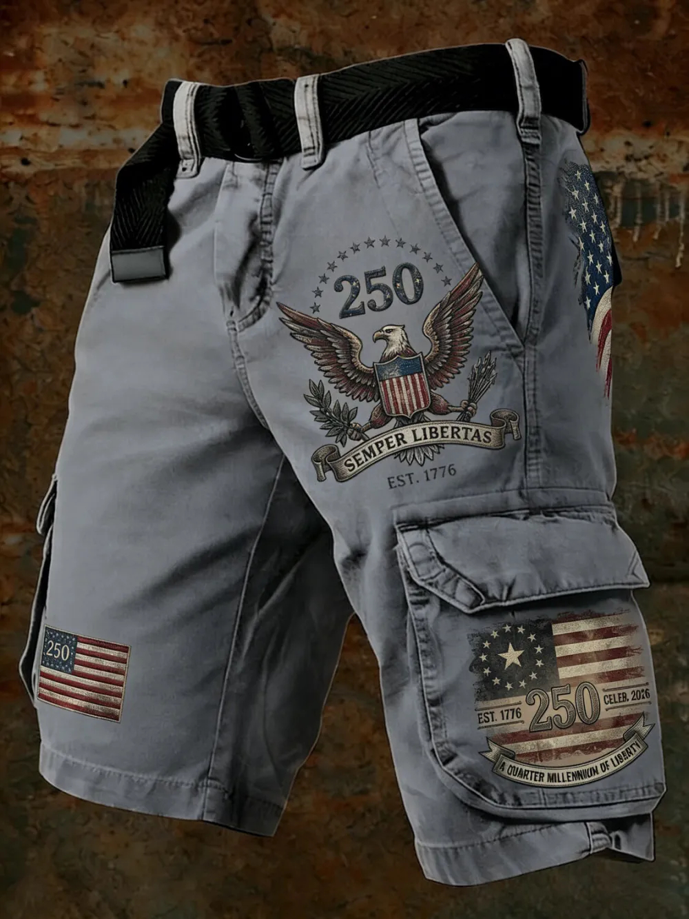 Vintage American Eagle Flag Print Cargo Shorts, Patriotic Multi-Pocket Casual Shorts