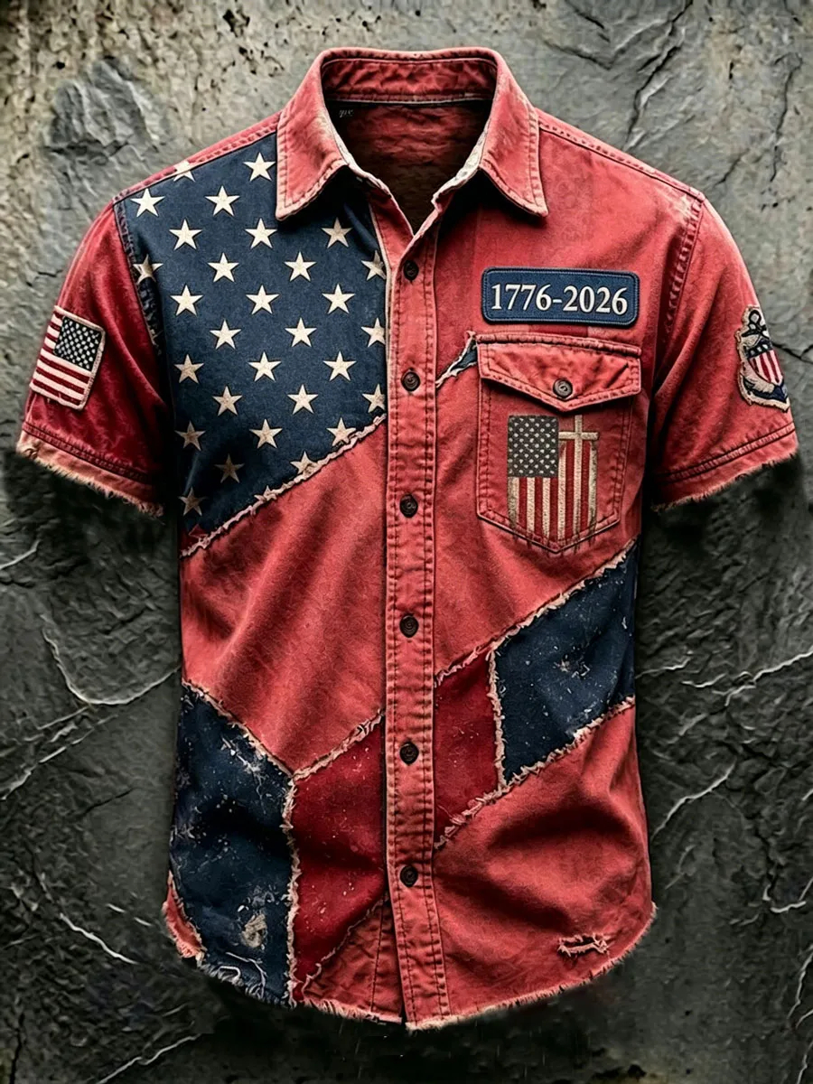 Men's USA 1776-2026 250th Anniversary Vintage Flag Patchwork Short-Sleeve Button-Down Shirt - Distressed Denim Style
