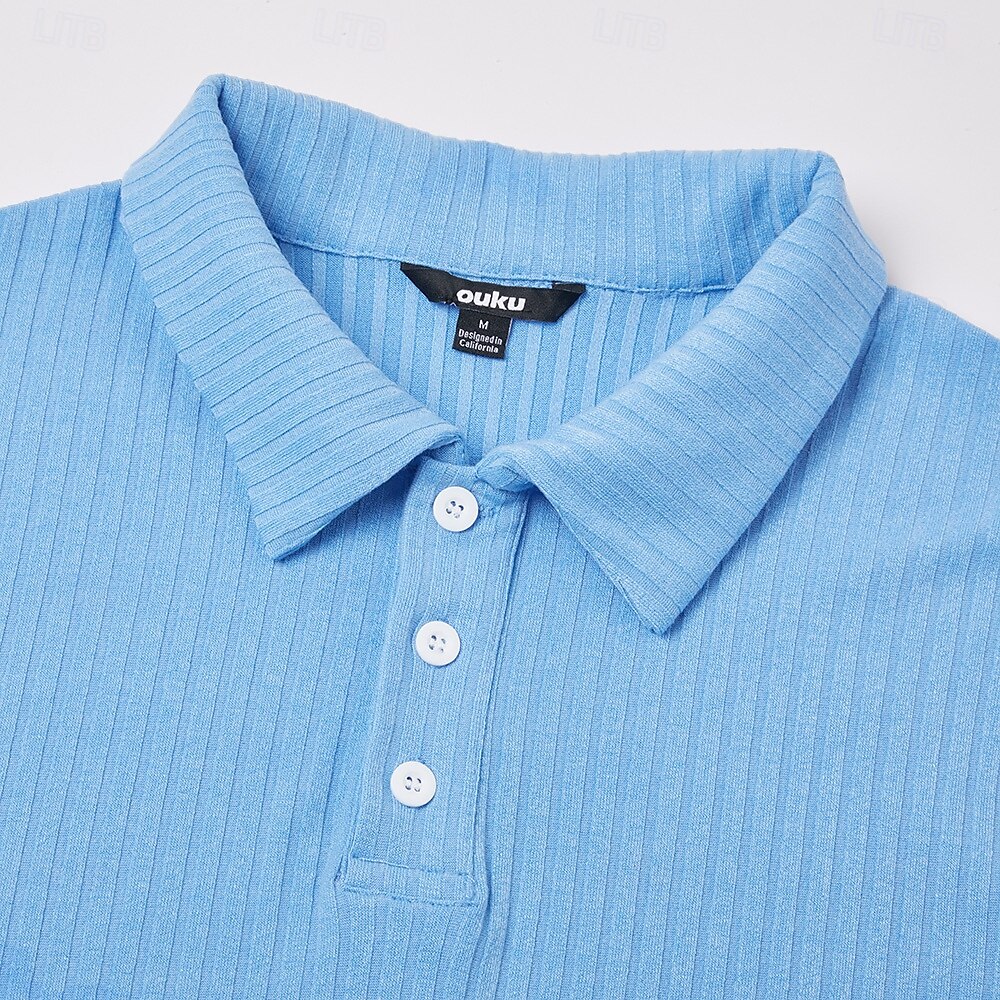 Men's Light Blue Ribbed Knit Polo Shirt - Slim Fit Short Sleeve, Breathable Casual Golf & Yacht Club Top