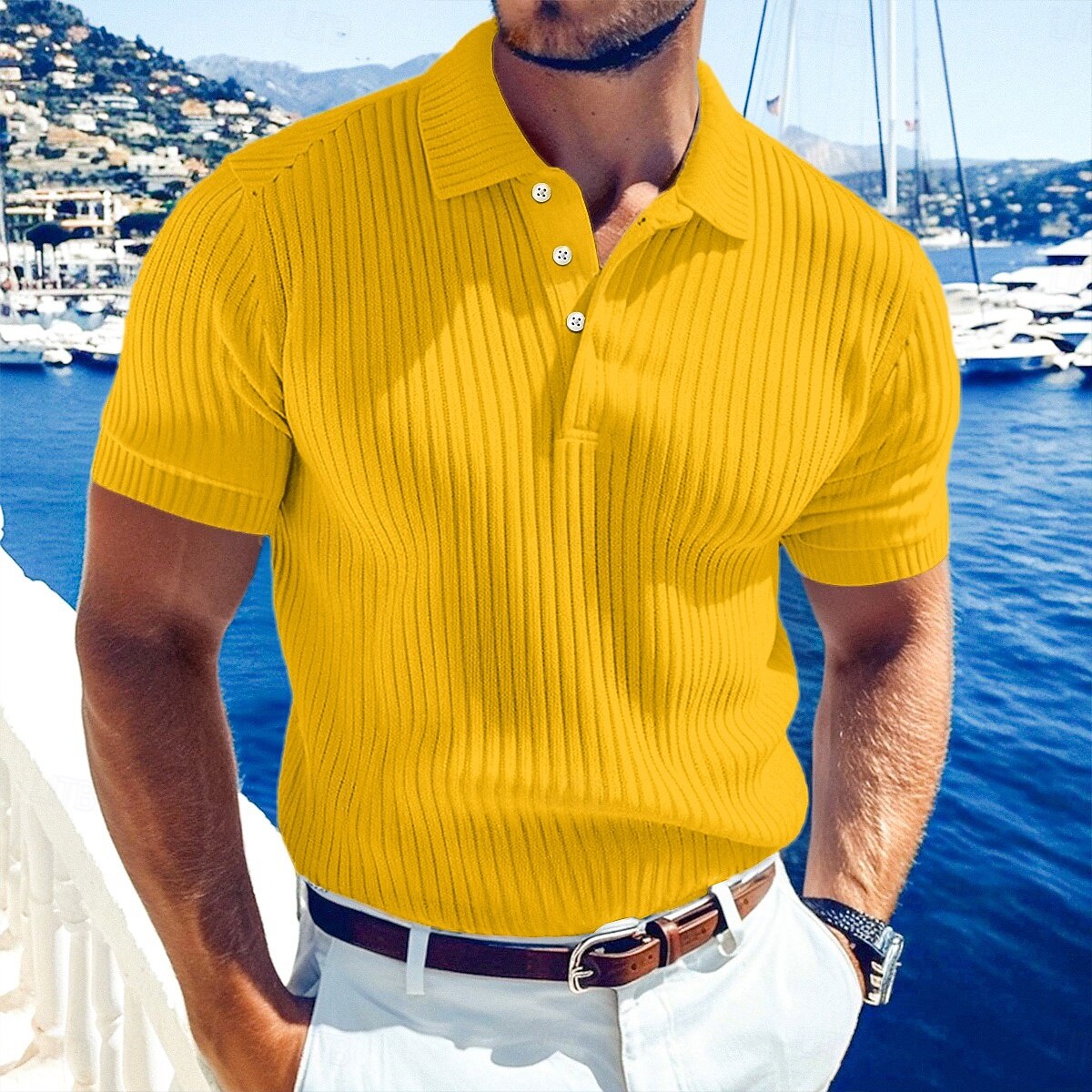 Men's Light Blue Ribbed Knit Polo Shirt - Slim Fit Short Sleeve, Breathable Casual Golf & Yacht Club Top