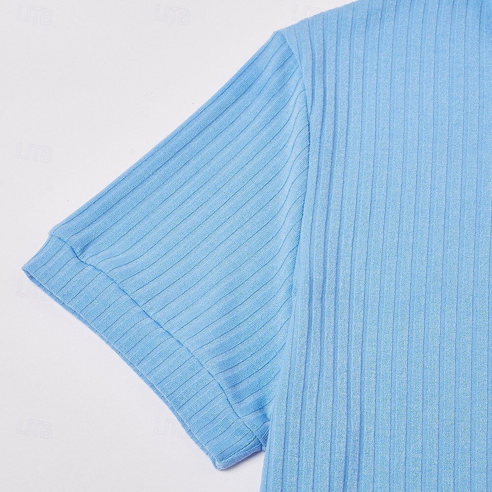 Men's Light Blue Ribbed Knit Polo Shirt - Slim Fit Short Sleeve, Breathable Casual Golf & Yacht Club Top