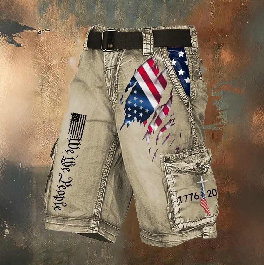 [Copy]Men's Retro Independence Day Flag Print Cargo Shorts