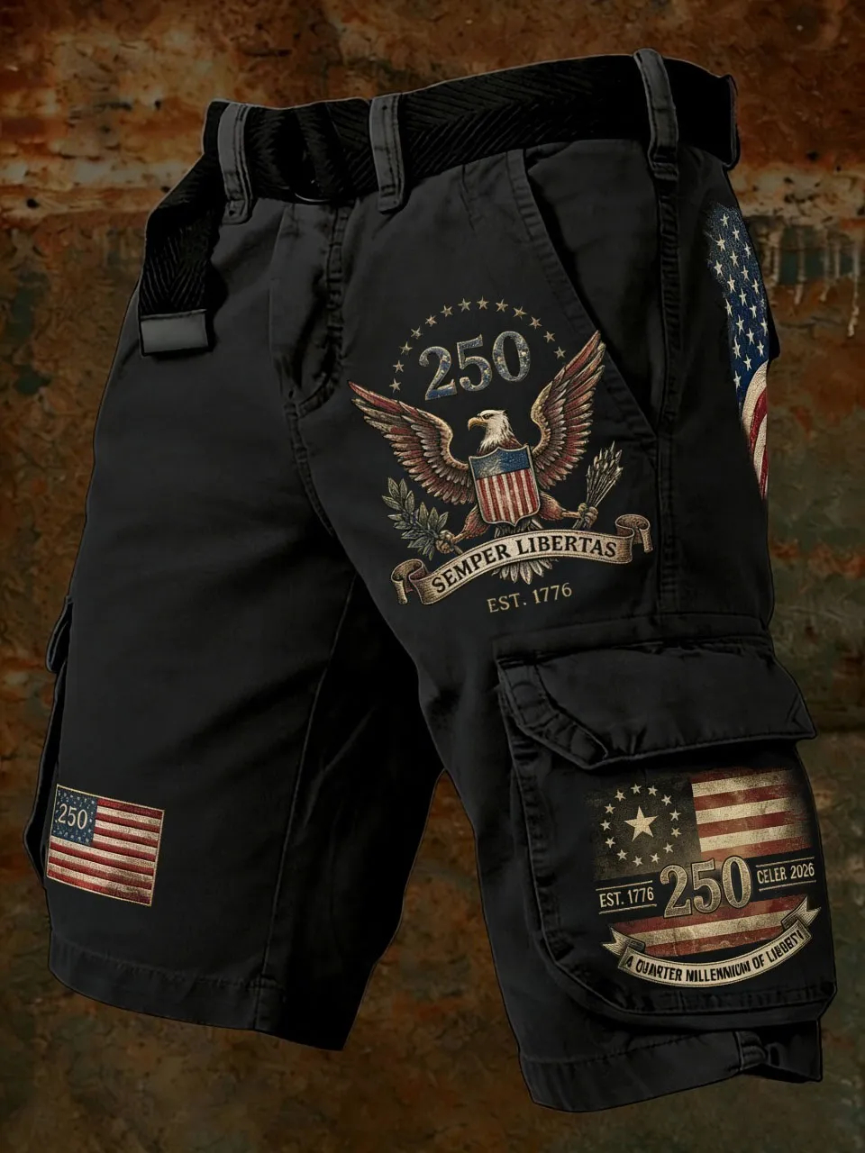 Vintage American Eagle Flag Print Cargo Shorts, Patriotic Multi-Pocket Casual Shorts