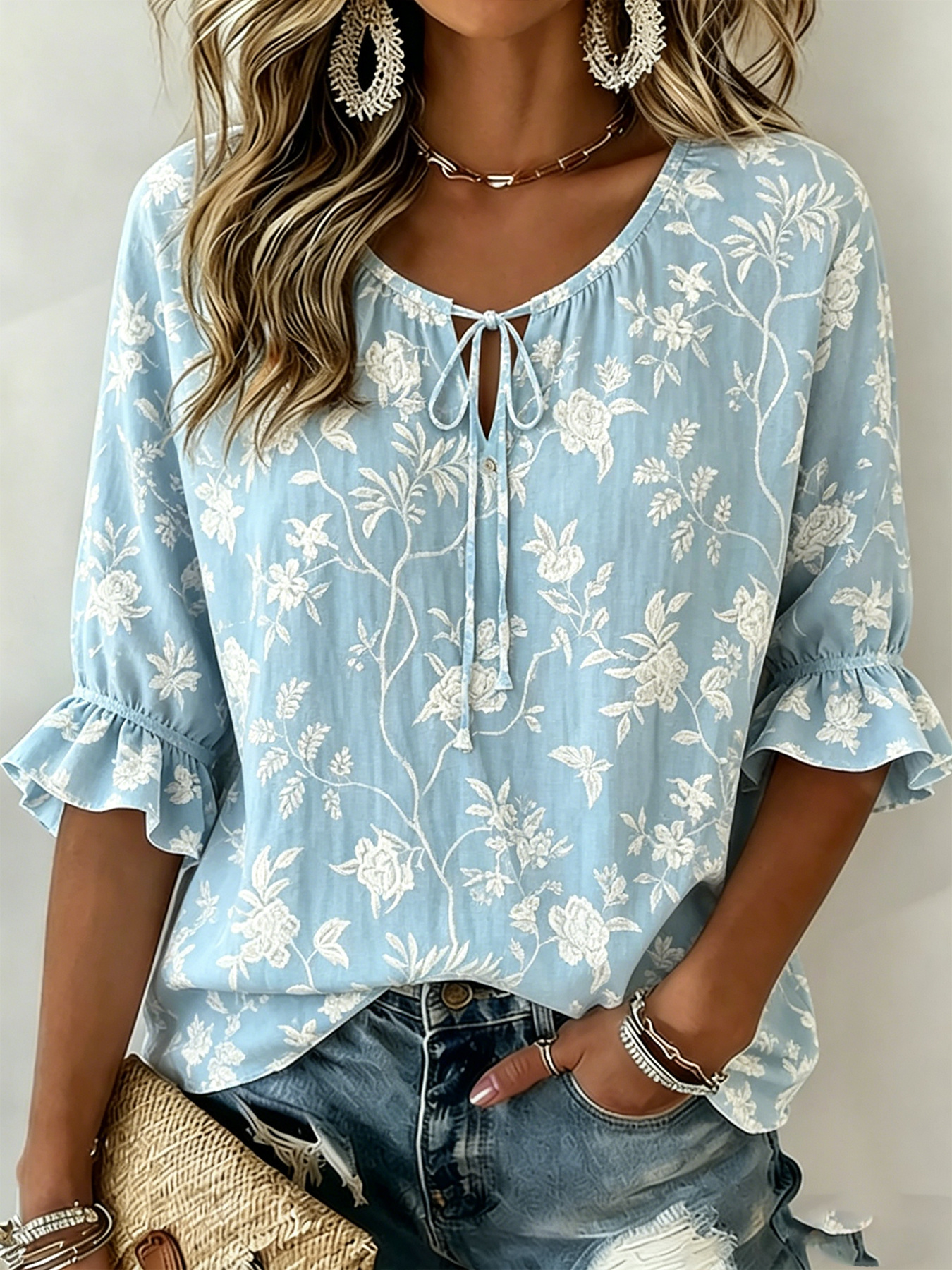 Women's Vintage Floral Print Tie Keyhole Neck Blouse, 3/4 Flounce Ruffle Sleeve Loose Lightweight Casual Daily Top