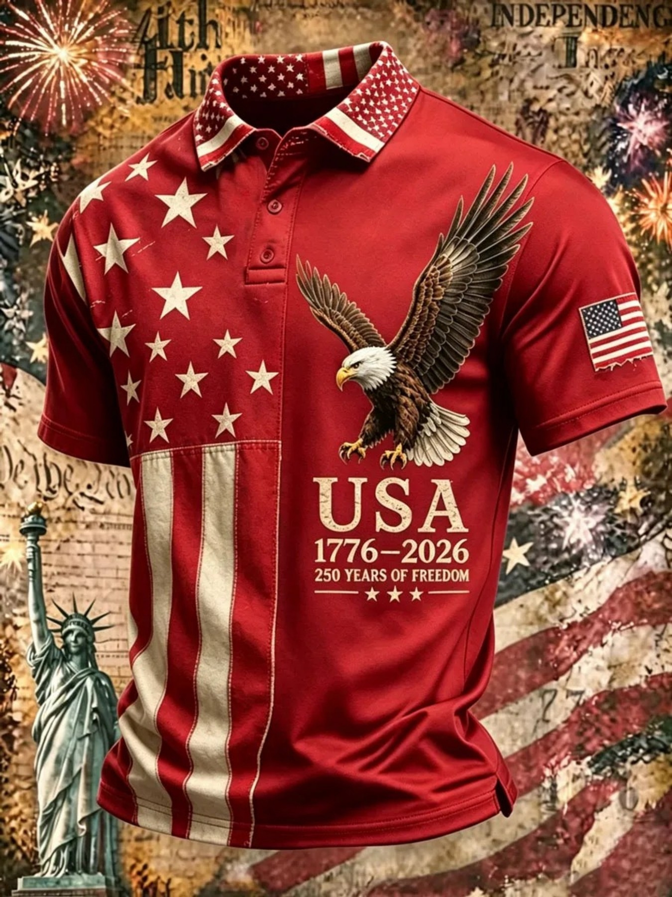 Men's Patriotic Eagle & USA Flag Print Golf Polo Shirt, 1776-2026 250 Years of Freedom Short Sleeve Casual Top