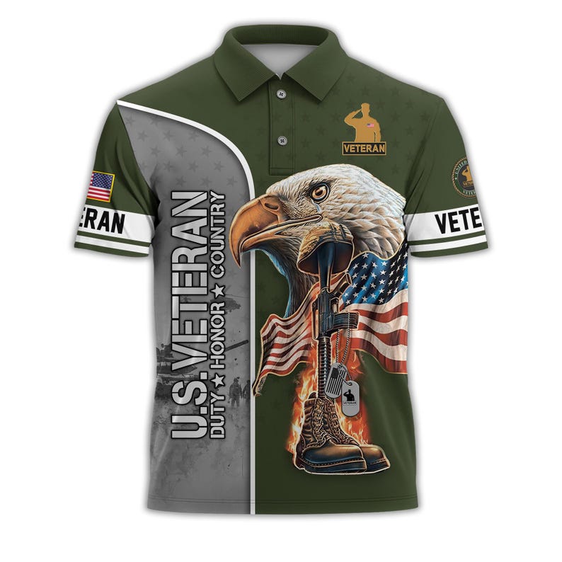 U.S. Veteran Eagle & American Flag Golf Polo Shirt – All Over Print, Moisture-Wicking, Patriotic Tribute