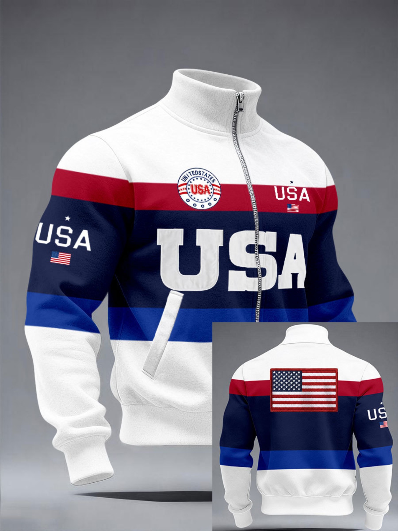 Men's USA Flag Color Block Zip-Up Track Jacket, Patriotic Red White Blue Casual Full-Zip Sweatshirt