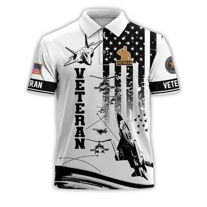 U.S. Veteran Military Aircraft Flag Golf Polo Shirt – All Over Print, Moisture-Wicking, Patriotic Tribute