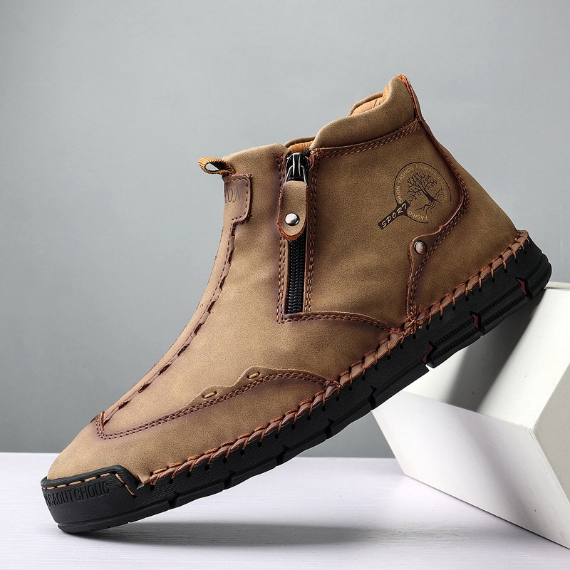 Breathable Men's Leather Ankle Boots with Side Zipper, Durable Sole for Daily Wear