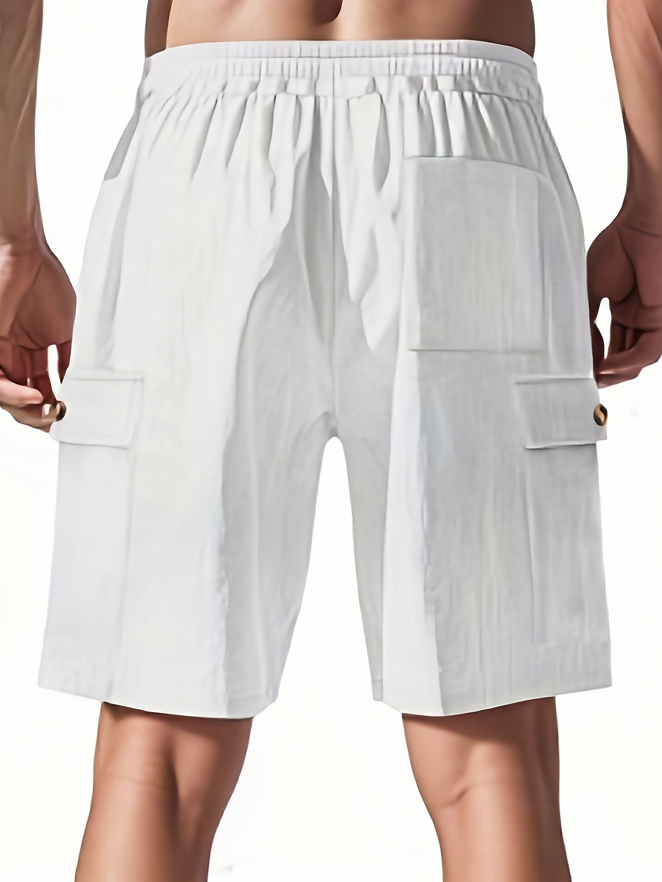 Men’s corduroy work shorts, casual shorts with an elastic waistband and drawstring, featuring button accents and side pockets.