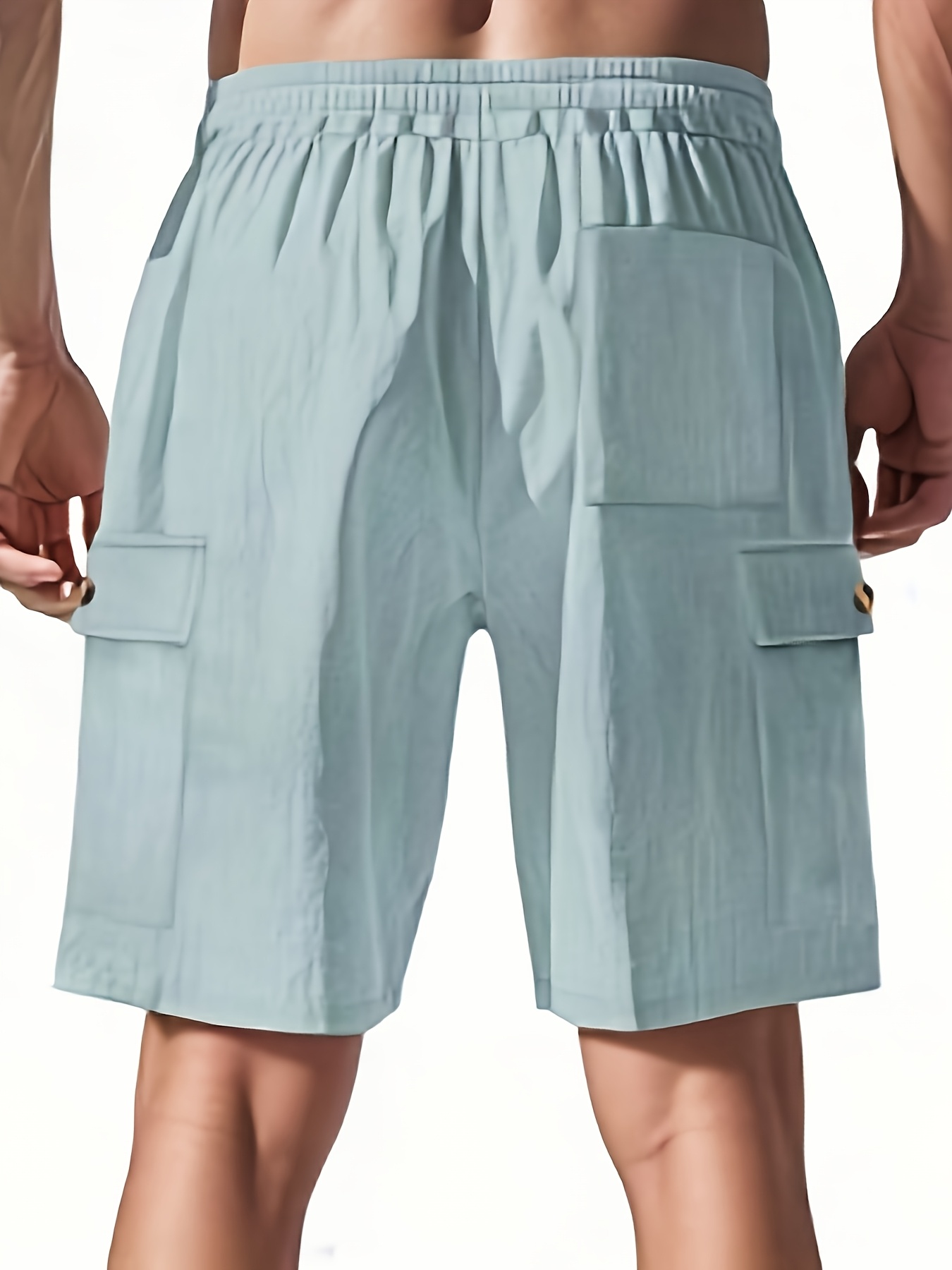 Men’s corduroy work shorts, casual shorts with an elastic waistband and drawstring, featuring button accents and side pockets.