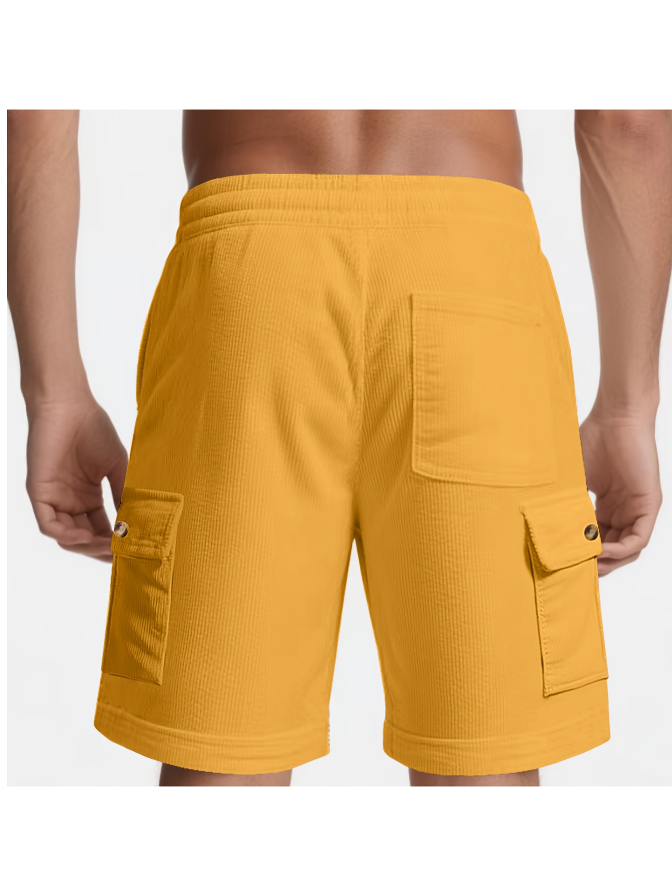 Men’s corduroy work shorts, casual shorts with an elastic waistband and drawstring, featuring button accents and side pockets.