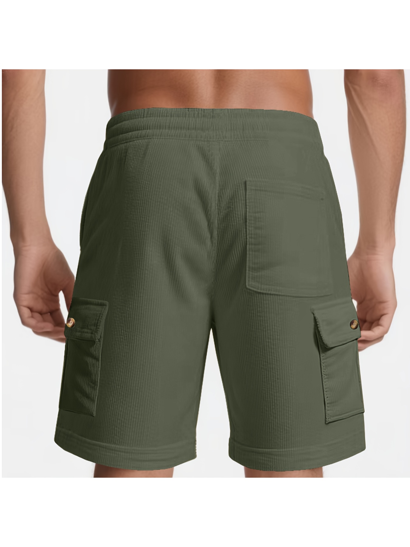 Men’s corduroy work shorts, casual shorts with an elastic waistband and drawstring, featuring button accents and side pockets.